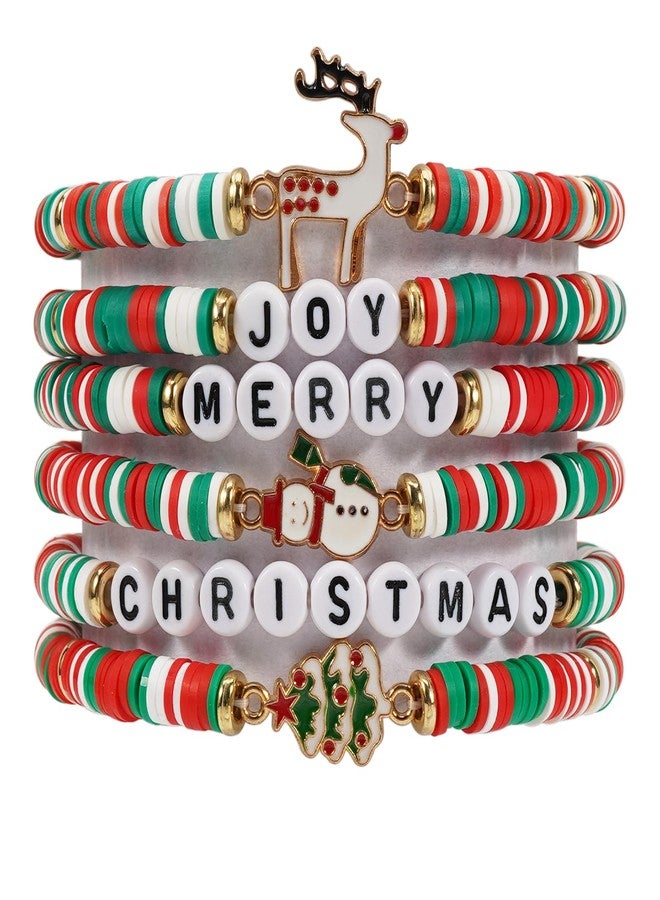 Lonext 6pcs Christmas Bracelets for Women Polymer Clay Stackable Stretch XMAS Gift Beaded Bracelets - Image 1